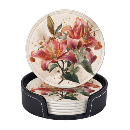 Round Floral Leather Coaster Set of 6 – Water-Resistant, Heat Insulated, Durable with Leather Holder