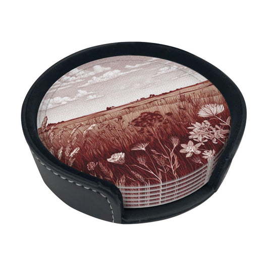 Vintage Pastoral Landscape Round Leather Coaster Set (6 Pieces with Storage Box) - Heat - Insulated Pads with Floral Patterns