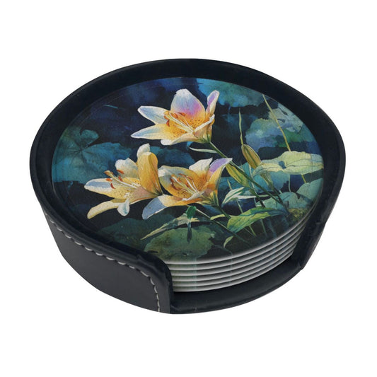 Watercolor Lily Round Leather Coaster Set (6 Pieces with Storage Box) - Floral Pattern Heat - Insulated Cup Pads