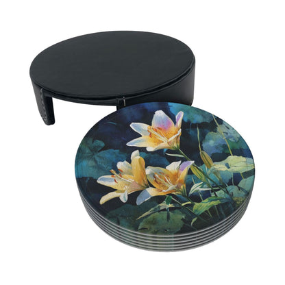Watercolor Lily Round Leather Coaster Set (6 Pieces with Storage Box) - Floral Pattern Heat - Insulated Cup Pads