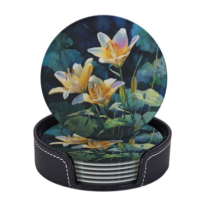 Watercolor Lily Round Leather Coaster Set (6 Pieces with Storage Box) - Floral Pattern Heat - Insulated Cup Pads