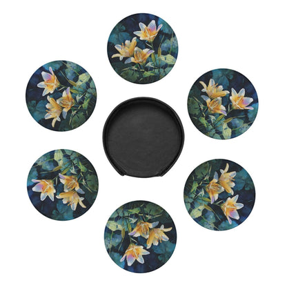 Watercolor Lily Round Leather Coaster Set (6 Pieces with Storage Box) - Floral Pattern Heat - Insulated Cup Pads