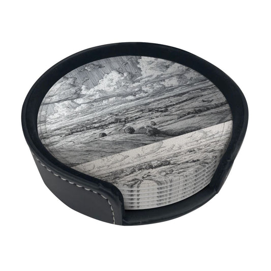 Round Leather Coaster Set of 6 with Holder – Classic Landscape Pattern, Absorbent, Heat Resistant, Non-Slip