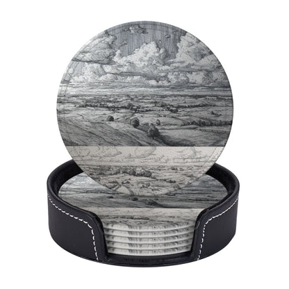 Round Leather Coaster Set of 6 with Holder – Classic Landscape Pattern, Absorbent, Heat Resistant, Non-Slip