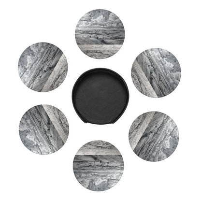 Round Leather Coaster Set of 6 with Holder – Classic Landscape Pattern, Absorbent, Heat Resistant, Non-Slip
