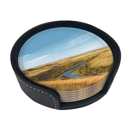 Artistic Landscape - Patterned Round Leather Coaster Set (6 Pieces + Storage Box) - Heat - Insulated Desktop Decorative Coasters
