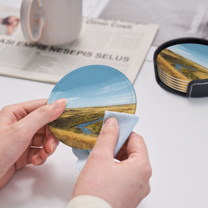 Artistic Landscape - Patterned Round Leather Coaster Set (6 Pieces + Storage Box) - Heat - Insulated Desktop Decorative Coasters