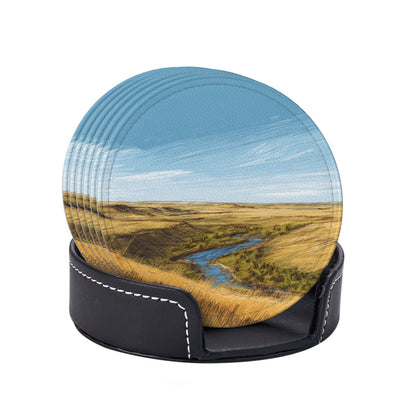 Artistic Landscape - Patterned Round Leather Coaster Set (6 Pieces + Storage Box) - Heat - Insulated Desktop Decorative Coasters