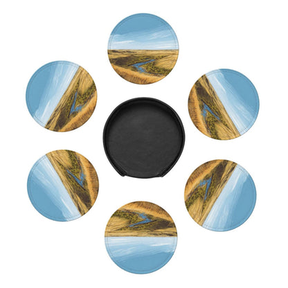 Artistic Landscape - Patterned Round Leather Coaster Set (6 Pieces + Storage Box) - Heat - Insulated Desktop Decorative Coasters