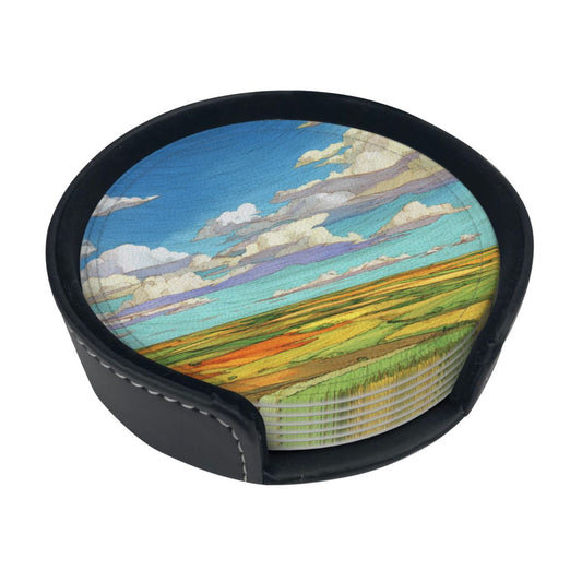 Vibrant Landscape - Printed Round Leather Coaster Set (6 - Piece with Storage Holder)