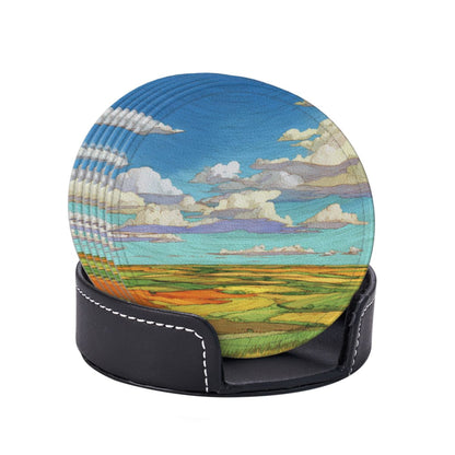 Vibrant Landscape - Printed Round Leather Coaster Set (6 - Piece with Storage Holder)