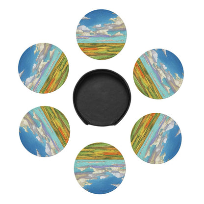 Vibrant Landscape - Printed Round Leather Coaster Set (6 - Piece with Storage Holder)