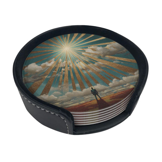 Sunrise Silhouette Round Leather Coaster Set (6 Pieces with Storage Holder)