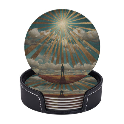 Sunrise Silhouette Round Leather Coaster Set (6 Pieces with Storage Holder)