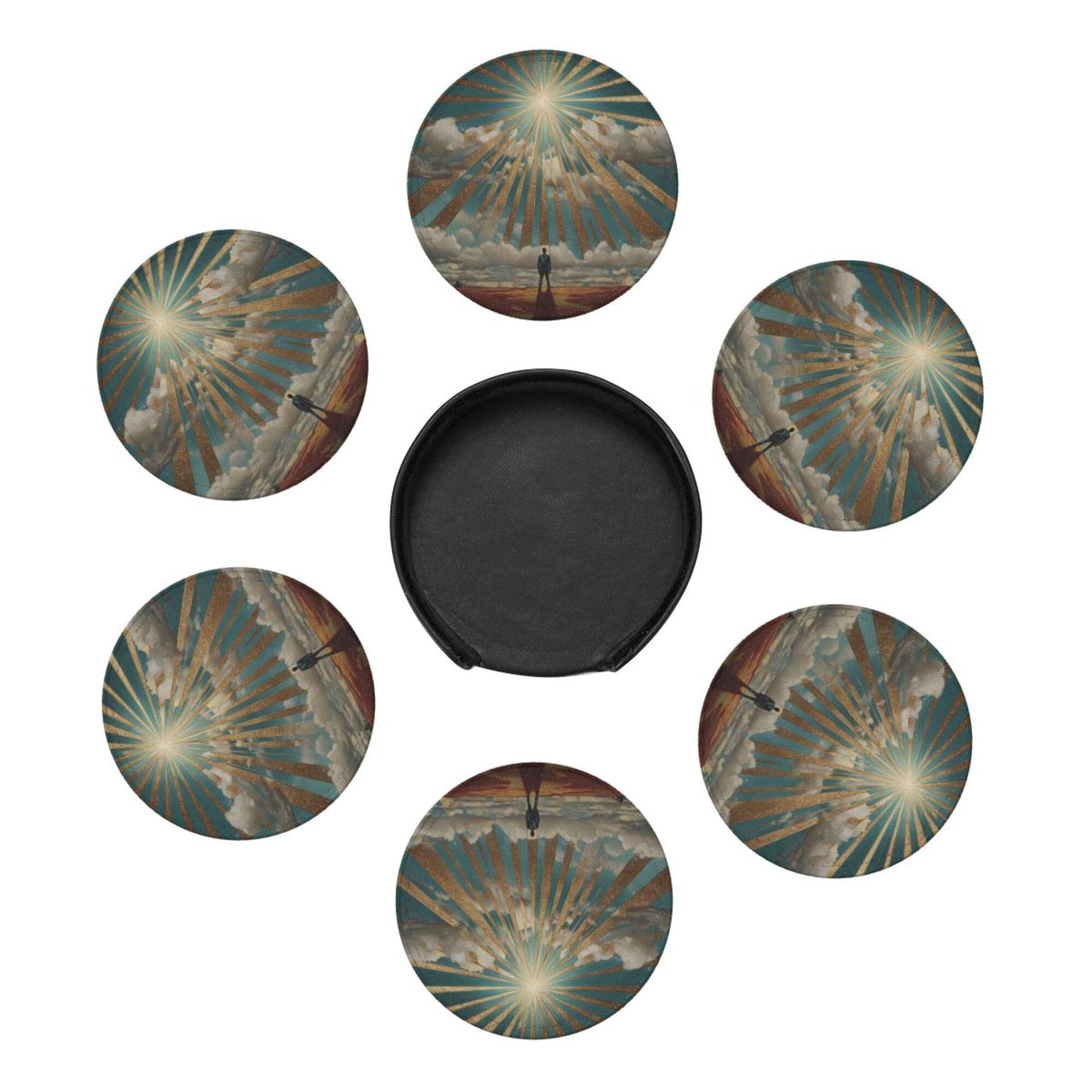 Sunrise Silhouette Round Leather Coaster Set (6 Pieces with Storage Holder)