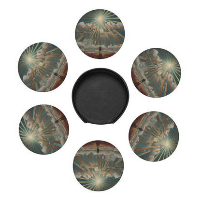Sunrise Silhouette Round Leather Coaster Set (6 Pieces with Storage Holder)