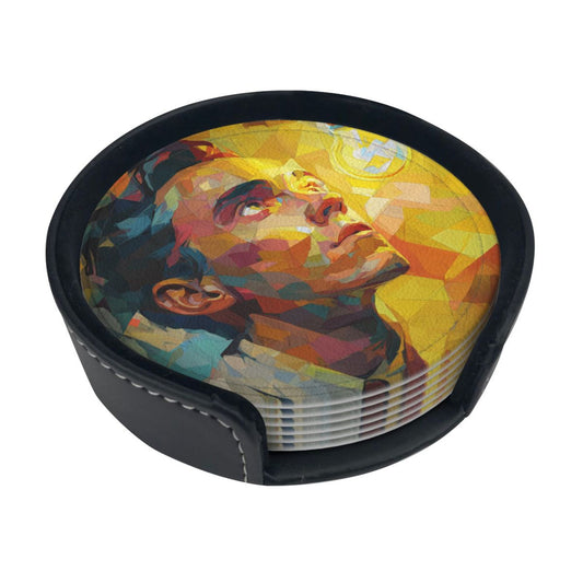 Artistic Portrait Round Leather Coaster Set (6 - Piece with Storage Holder)