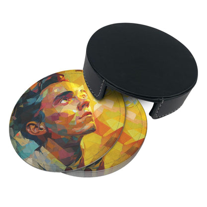 Artistic Portrait Round Leather Coaster Set (6 - Piece with Storage Holder)