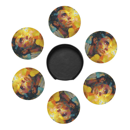 Artistic Portrait Round Leather Coaster Set (6 - Piece with Storage Holder)