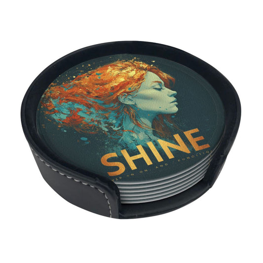 Artistic Portrait - Printed Round Leather Coaster Set (6 Pieces + Storage Box)