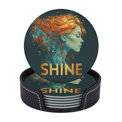 Artistic Portrait - Printed Round Leather Coaster Set (6 Pieces + Storage Box)