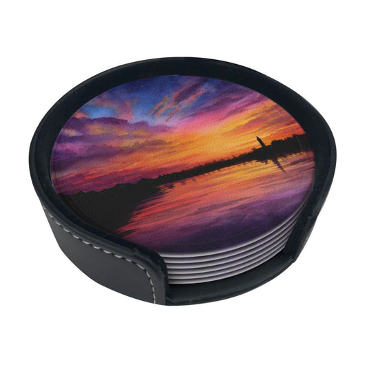 Sunset Landscape Round Leather Coaster Set (6 - Piece with Storage Holder)