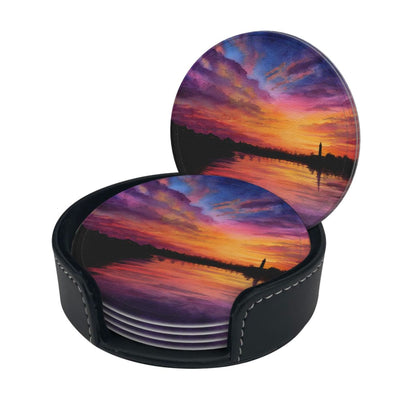 Sunset Landscape Round Leather Coaster Set (6 - Piece with Storage Holder)