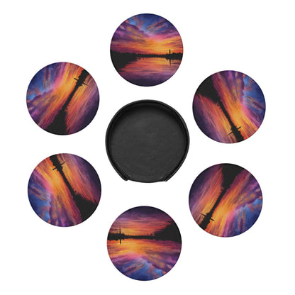 Sunset Landscape Round Leather Coaster Set (6 - Piece with Storage Holder)