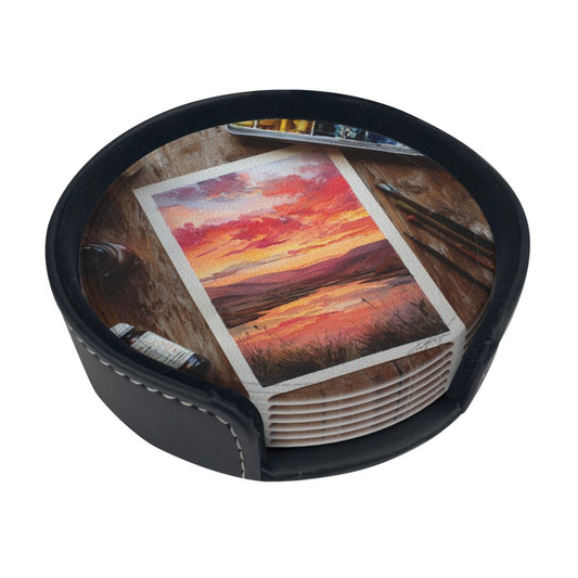 Artistic Hand - painted Sunset Landscape Round Leather Coaster Set (6 Pieces + Storage Box)