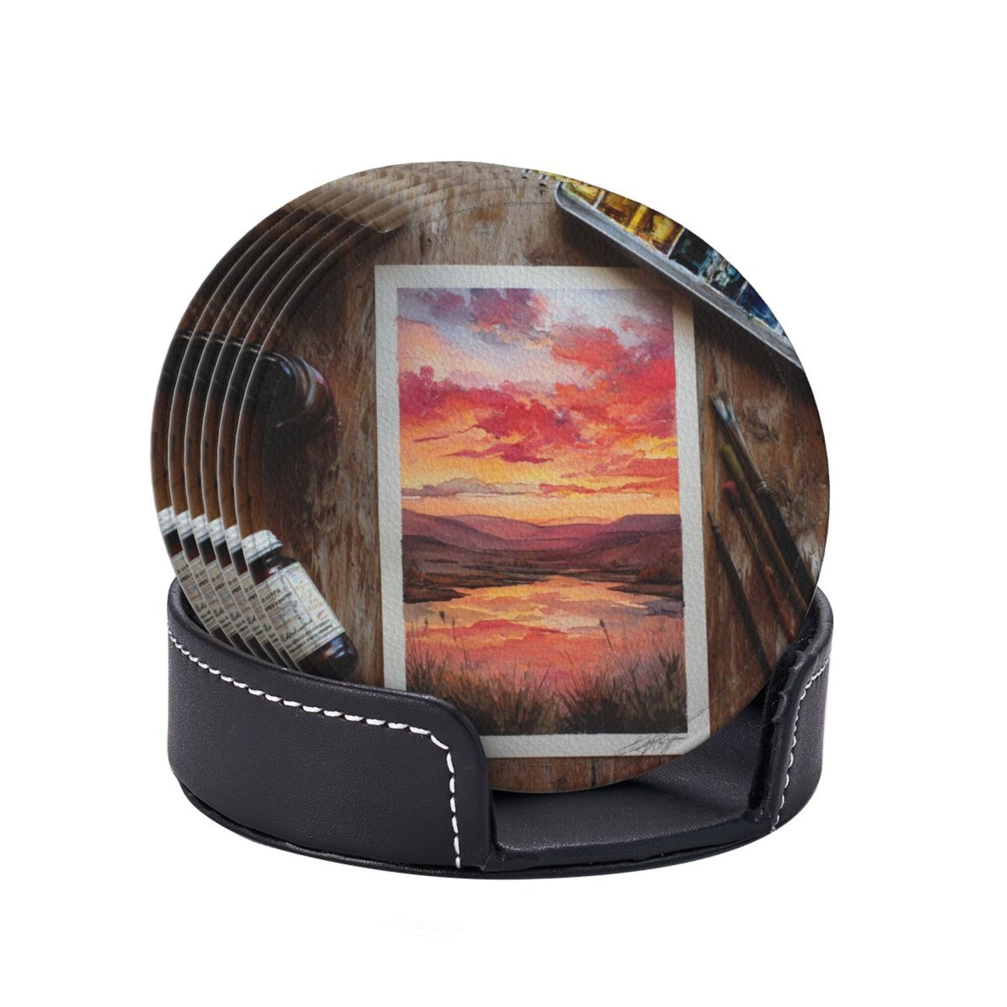 Artistic Hand - painted Sunset Landscape Round Leather Coaster Set (6 Pieces + Storage Box)