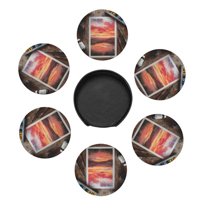 Artistic Hand - painted Sunset Landscape Round Leather Coaster Set (6 Pieces + Storage Box)