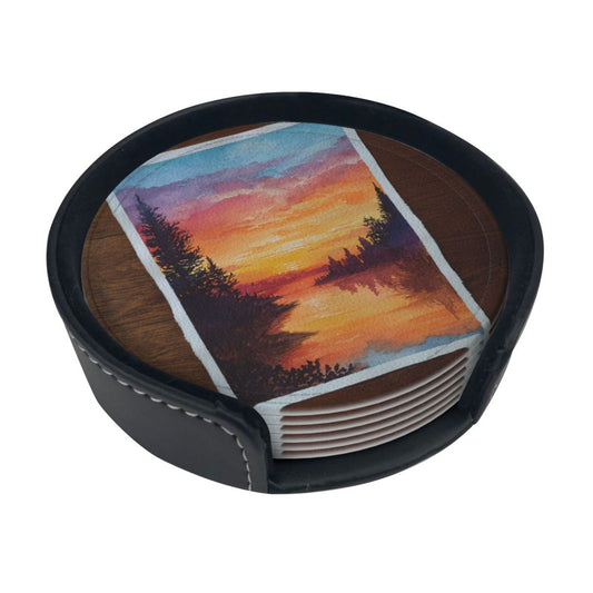 Hand - painted Sunset Lake View Round Leather Coaster Set (6 Pieces + Storage Box)