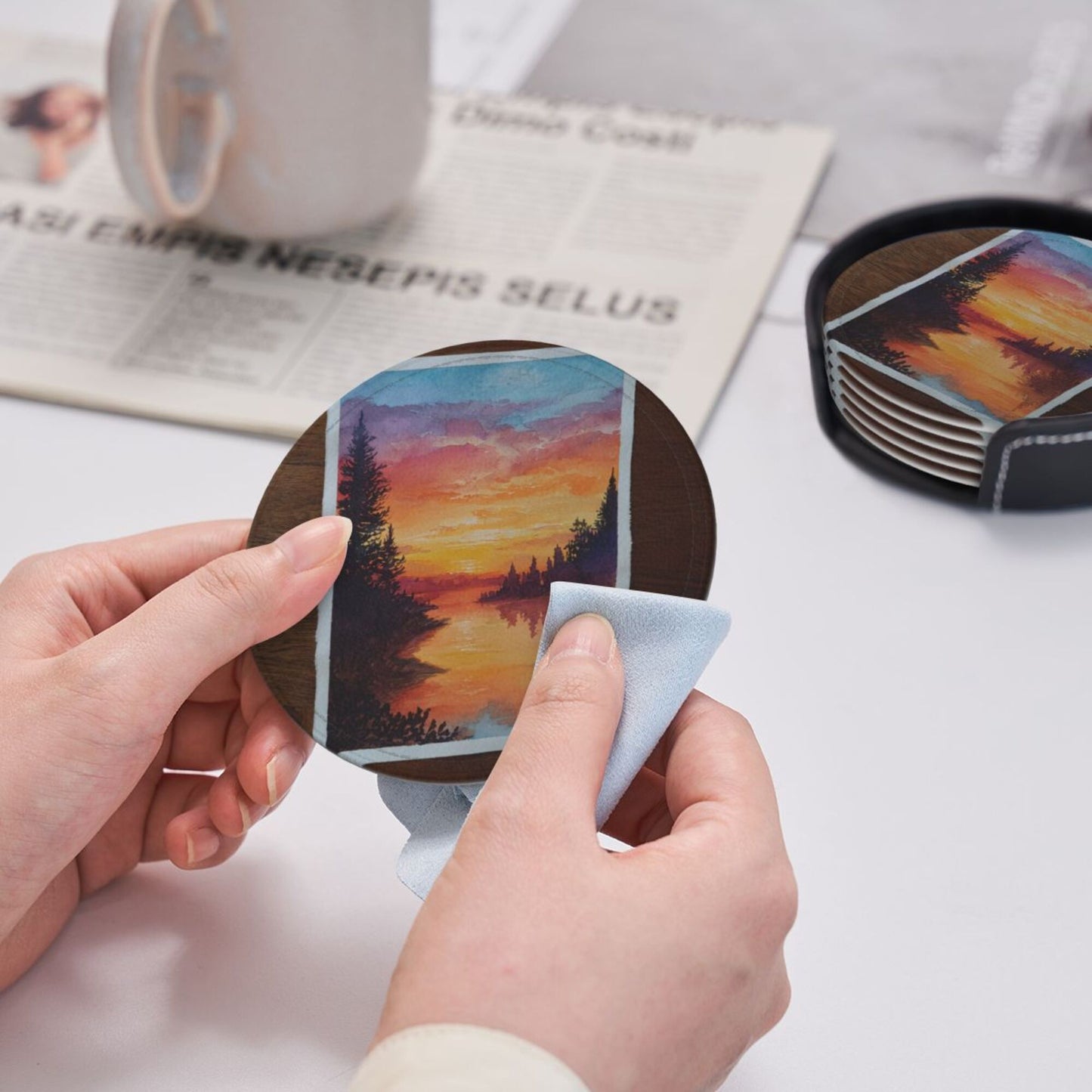 Hand - painted Sunset Lake View Round Leather Coaster Set (6 Pieces + Storage Box)