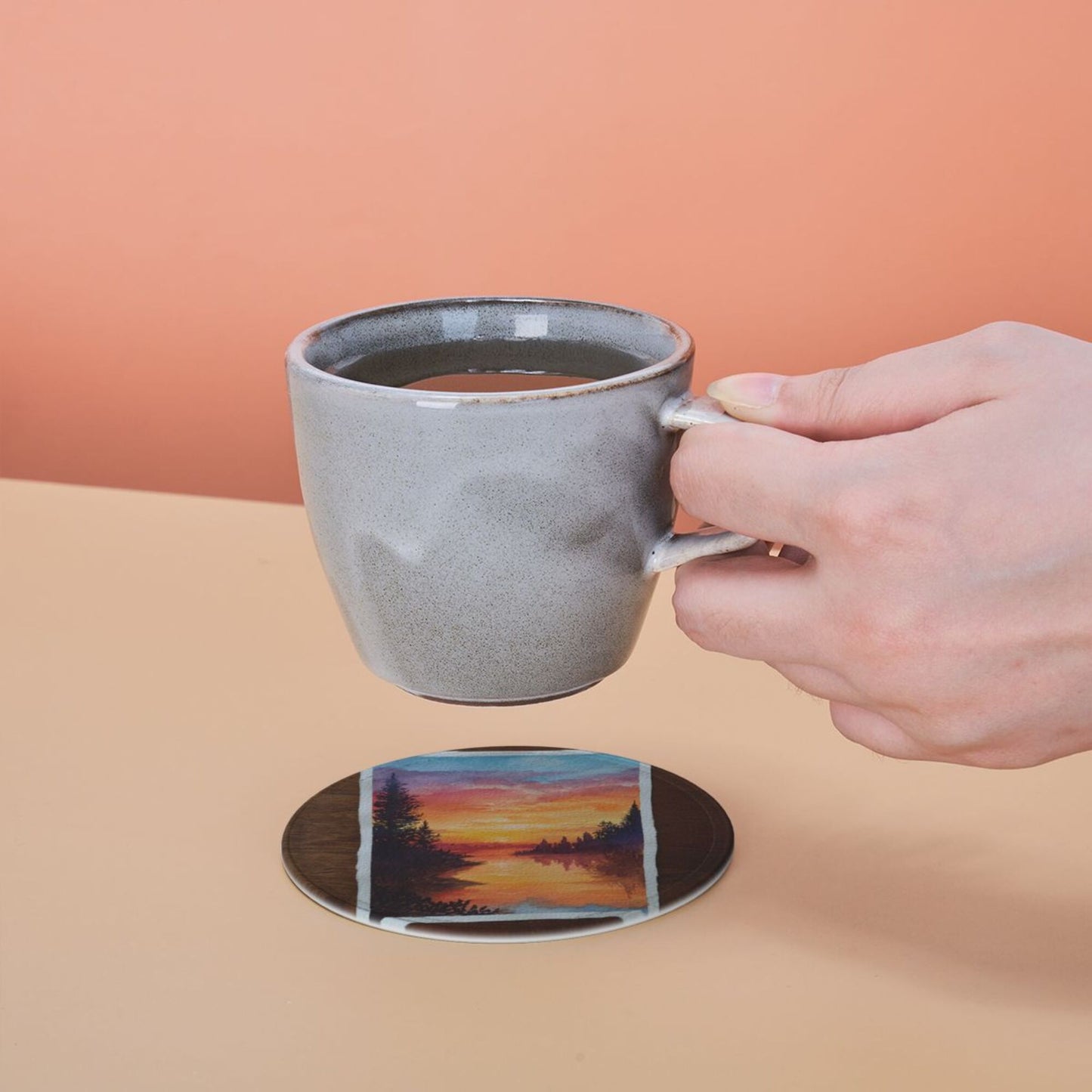 Hand - painted Sunset Lake View Round Leather Coaster Set (6 Pieces + Storage Box)