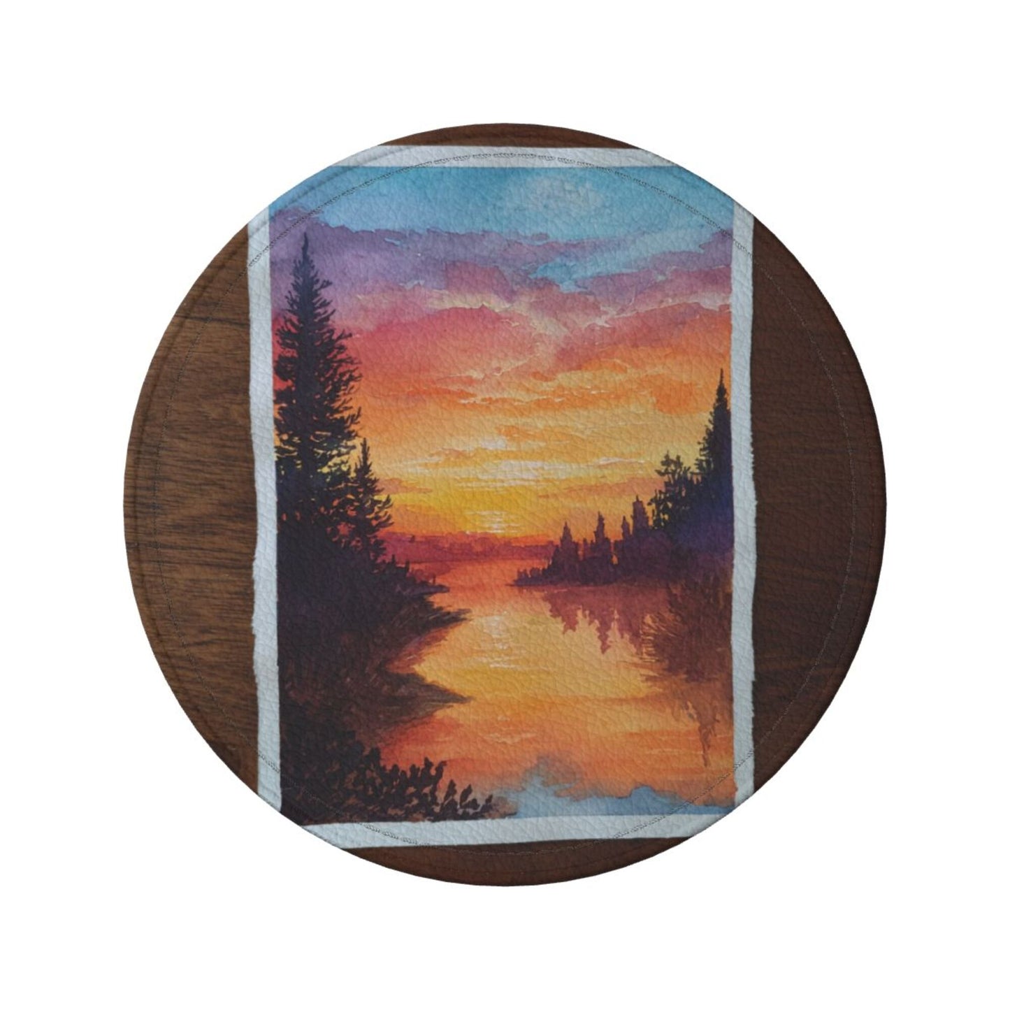 Hand - painted Sunset Lake View Round Leather Coaster Set (6 Pieces + Storage Box)