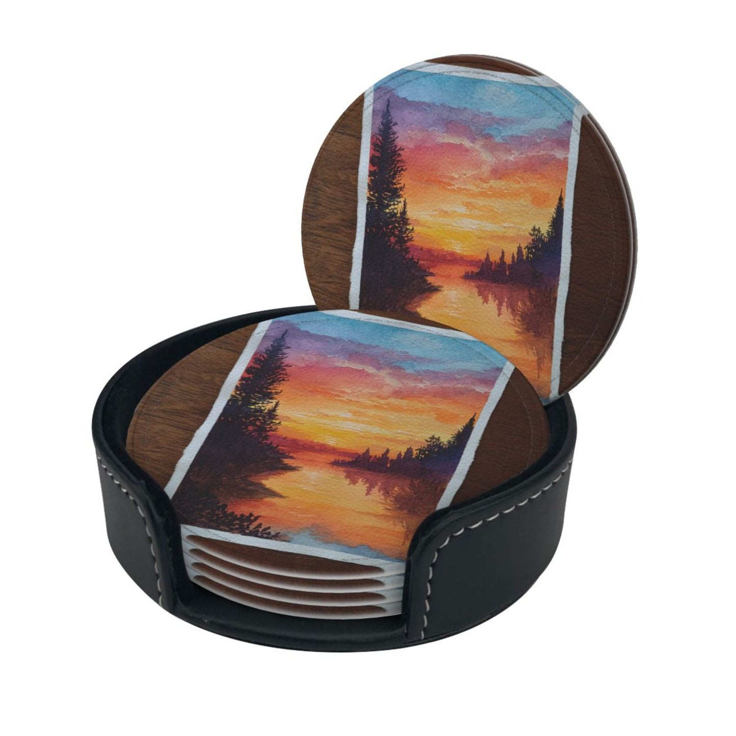 Hand - painted Sunset Lake View Round Leather Coaster Set (6 Pieces + Storage Box)