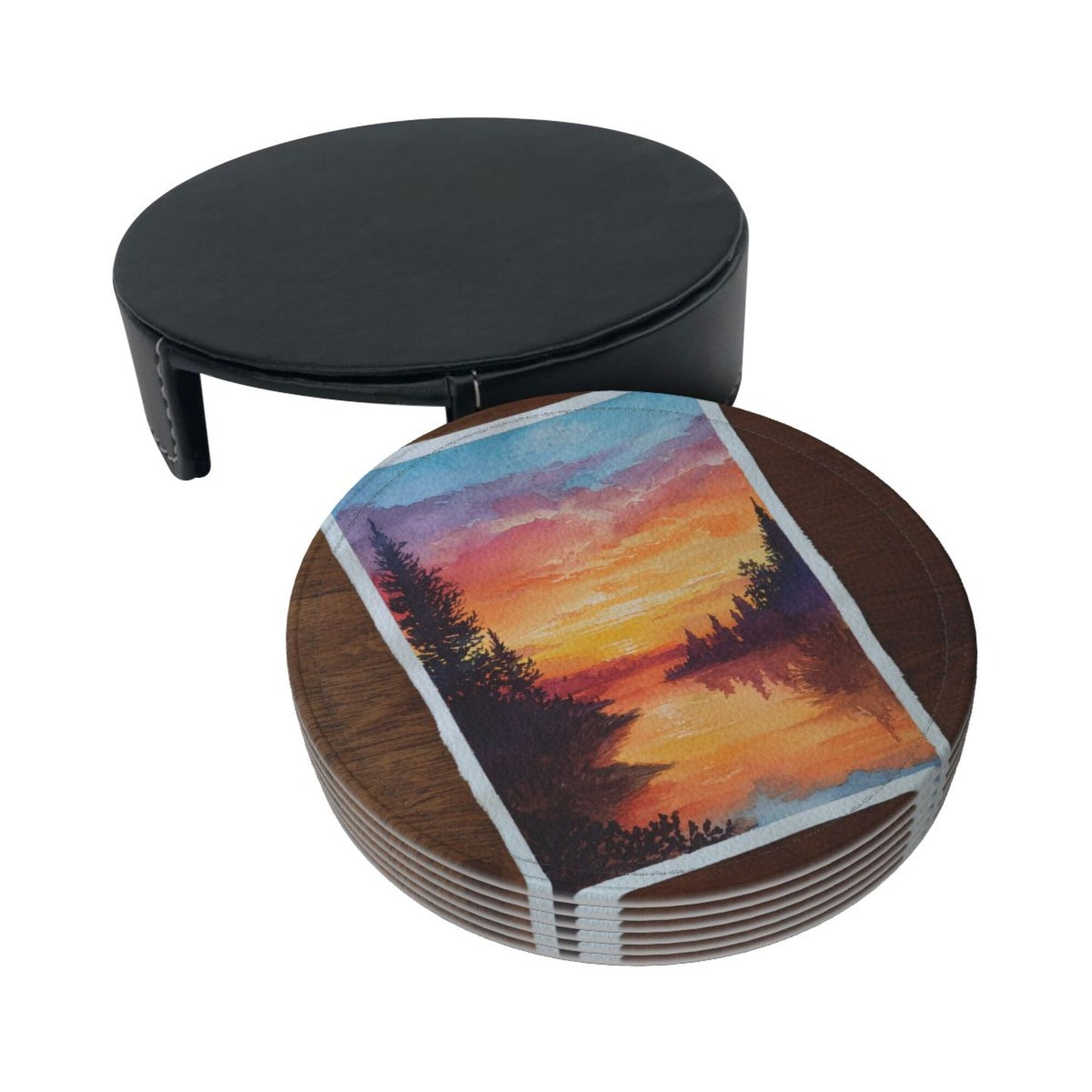 Hand - painted Sunset Lake View Round Leather Coaster Set (6 Pieces + Storage Box)