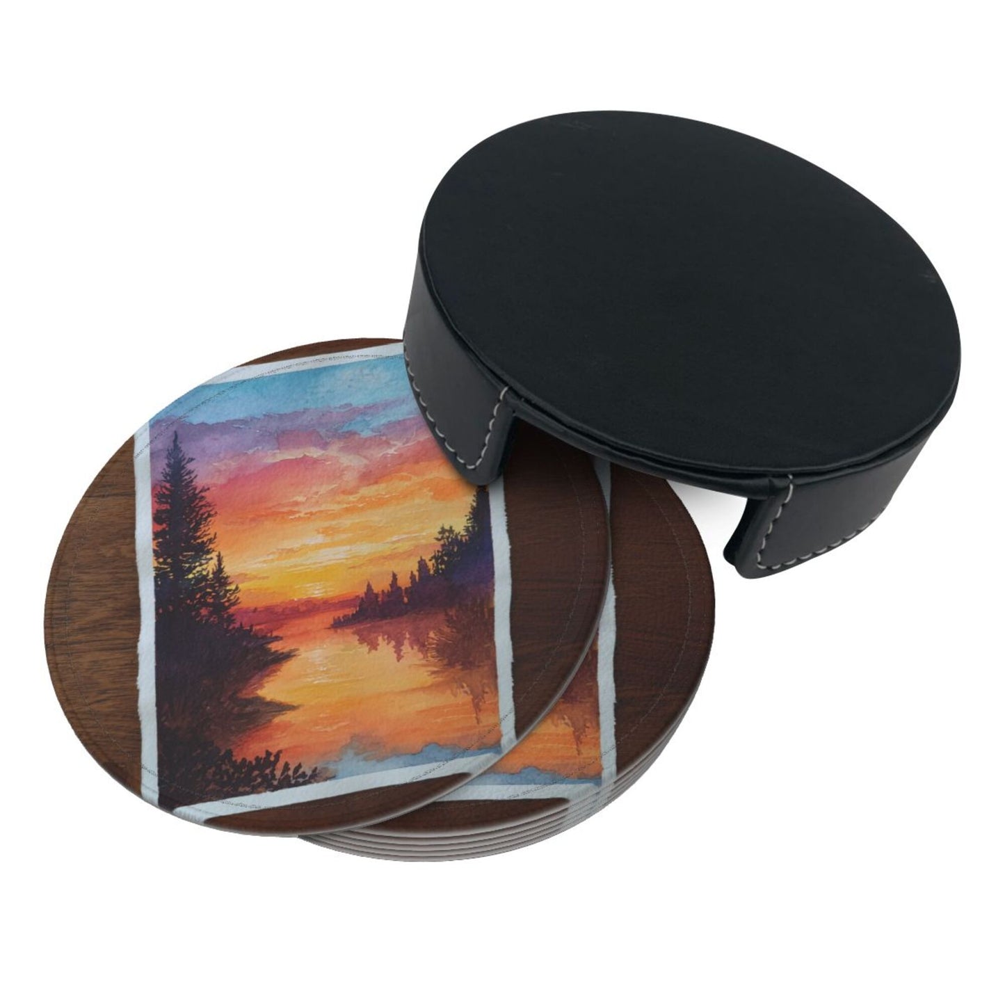 Hand - painted Sunset Lake View Round Leather Coaster Set (6 Pieces + Storage Box)