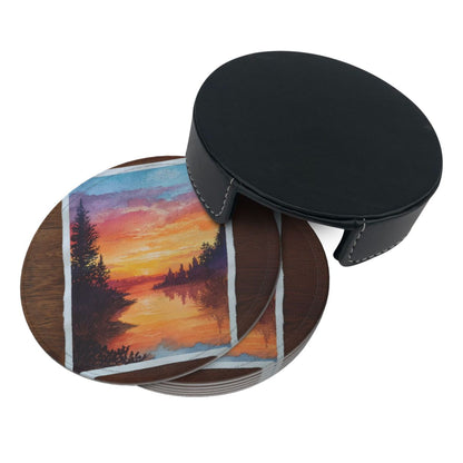 Hand - painted Sunset Lake View Round Leather Coaster Set (6 Pieces + Storage Box)