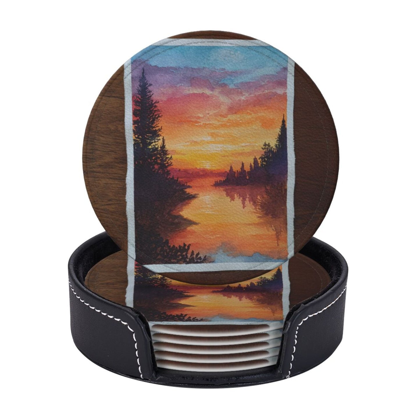 Hand - painted Sunset Lake View Round Leather Coaster Set (6 Pieces + Storage Box)