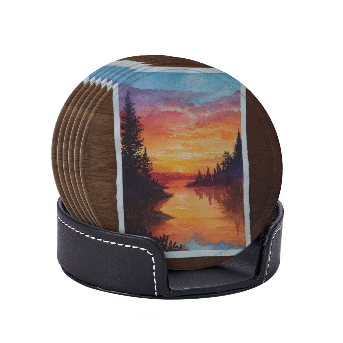 Hand - painted Sunset Lake View Round Leather Coaster Set (6 Pieces + Storage Box)