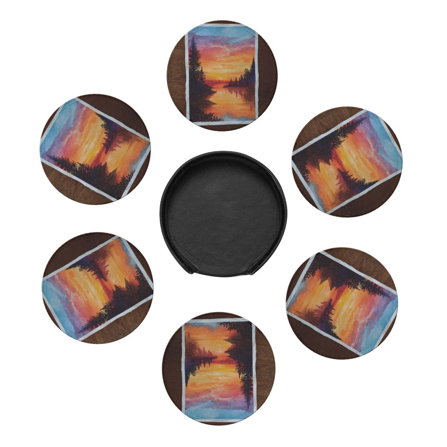 Hand - painted Sunset Lake View Round Leather Coaster Set (6 Pieces + Storage Box)