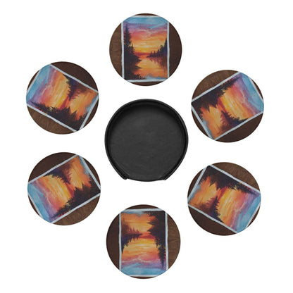 Hand - painted Sunset Lake View Round Leather Coaster Set (6 Pieces + Storage Box)