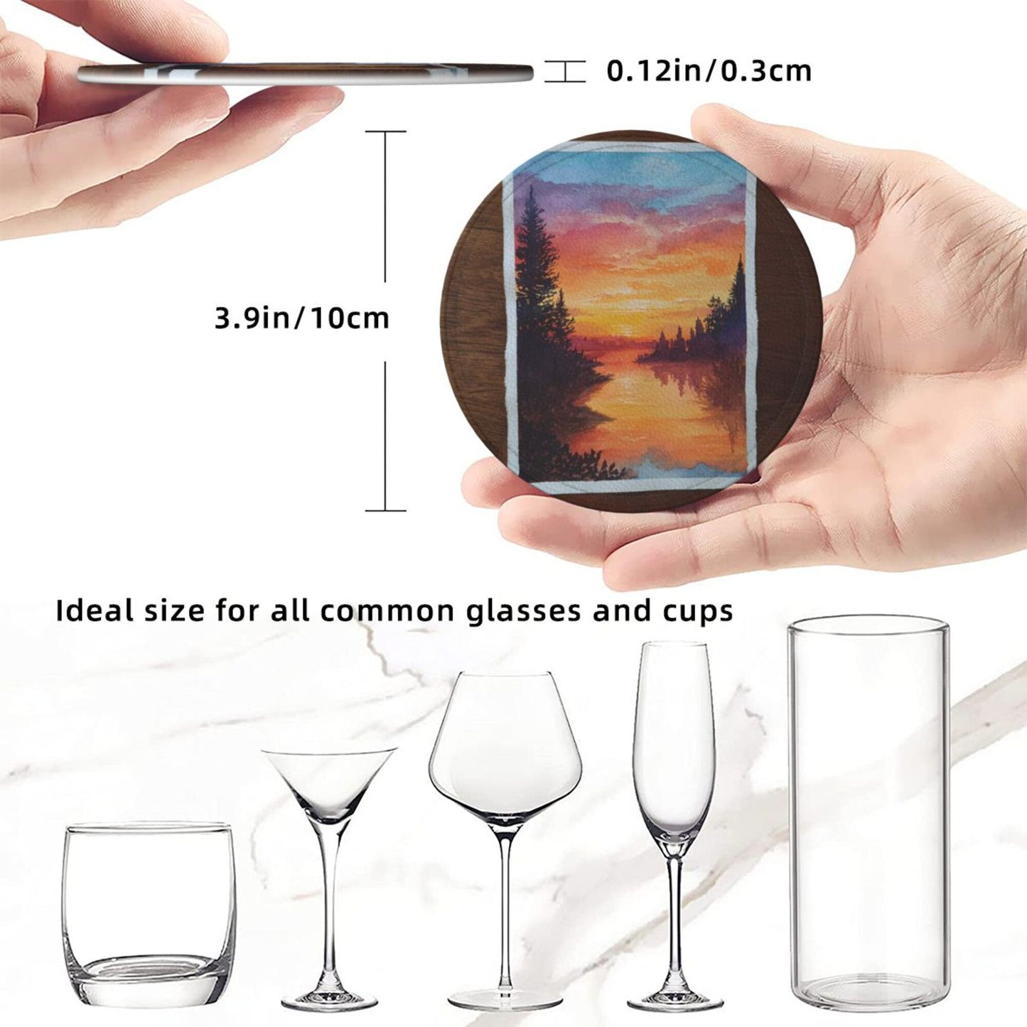 Hand - painted Sunset Lake View Round Leather Coaster Set (6 Pieces + Storage Box)
