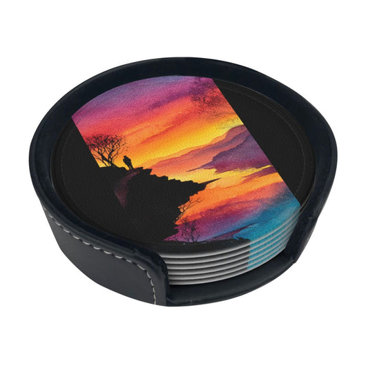 Sunset Cliff View Round Leather Coaster Set (6 Pieces + Storage Box)