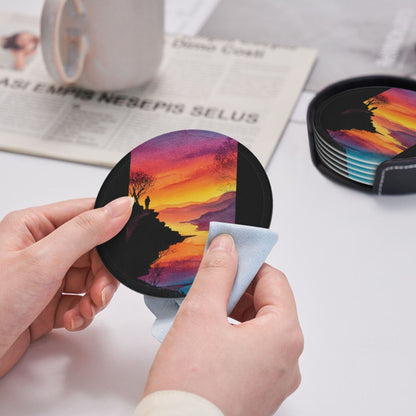 Sunset Cliff View Round Leather Coaster Set (6 Pieces + Storage Box)