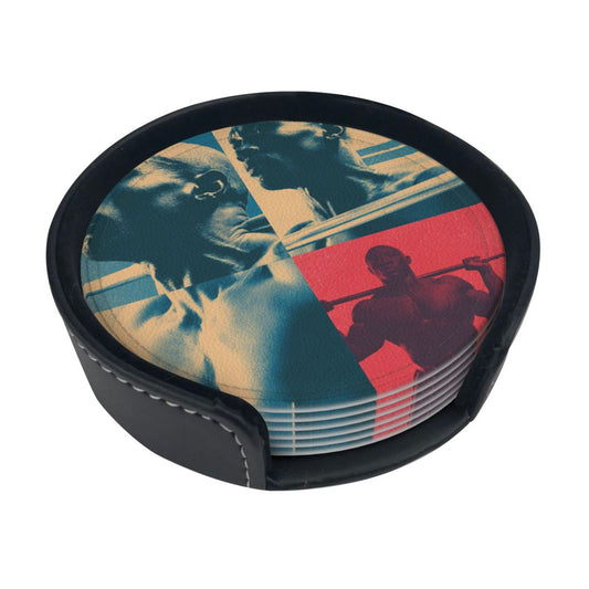 Fitness - themed Collage Pattern Round Leather Coaster Set (6 Pieces + Storage Box)