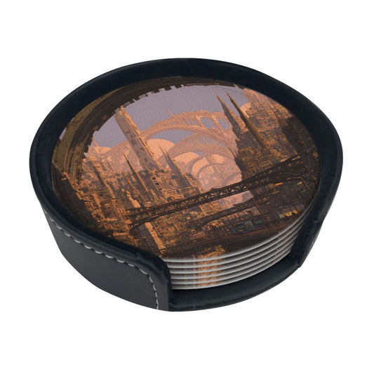 Sci - Fi Cityscape Round Leather Coaster Set (6 Pieces + Storage Box)