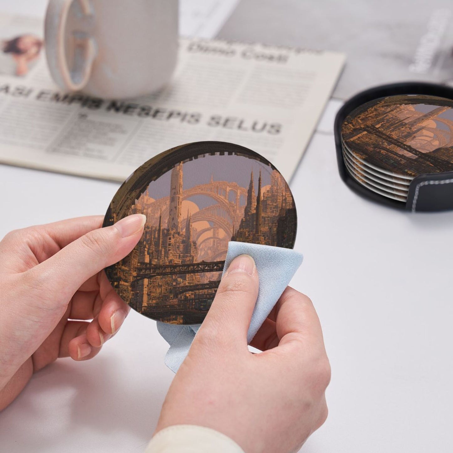 Sci - Fi Cityscape Round Leather Coaster Set (6 Pieces + Storage Box)