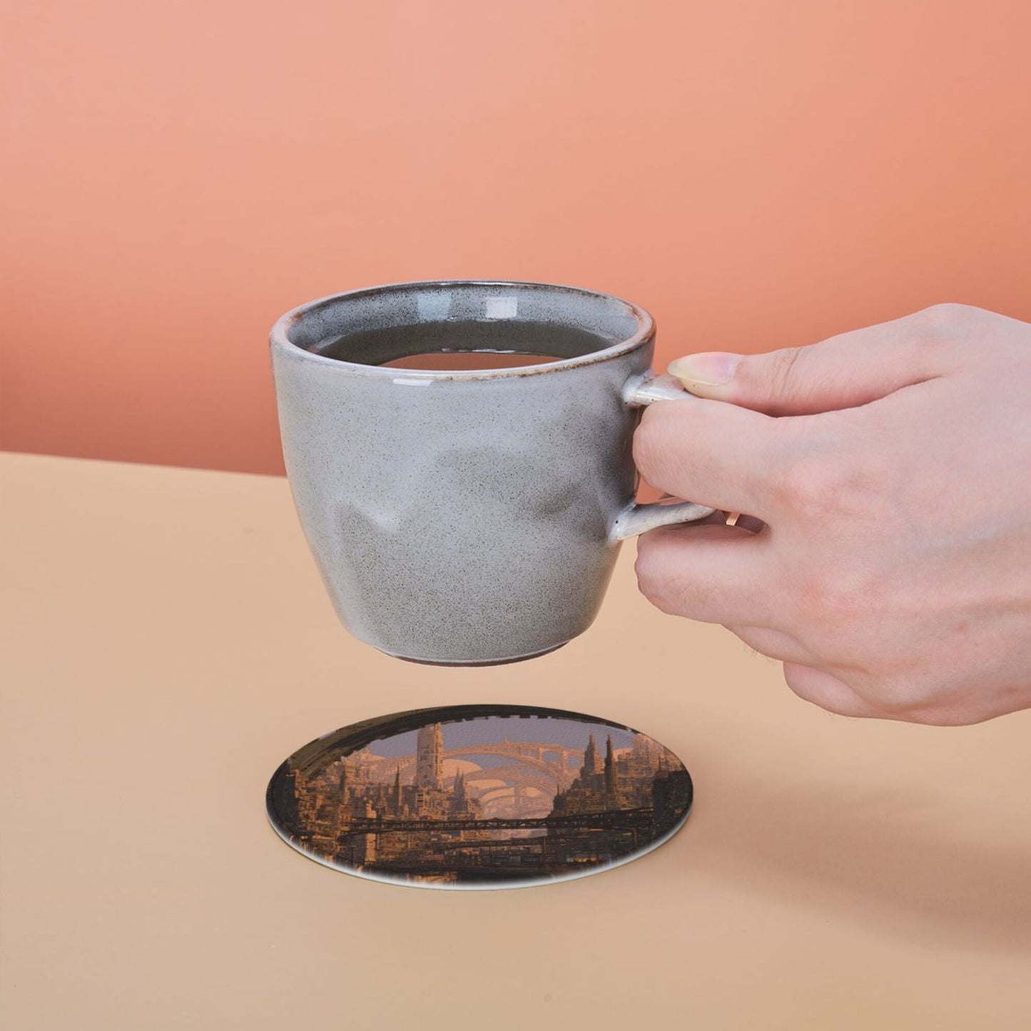 Sci - Fi Cityscape Round Leather Coaster Set (6 Pieces + Storage Box)